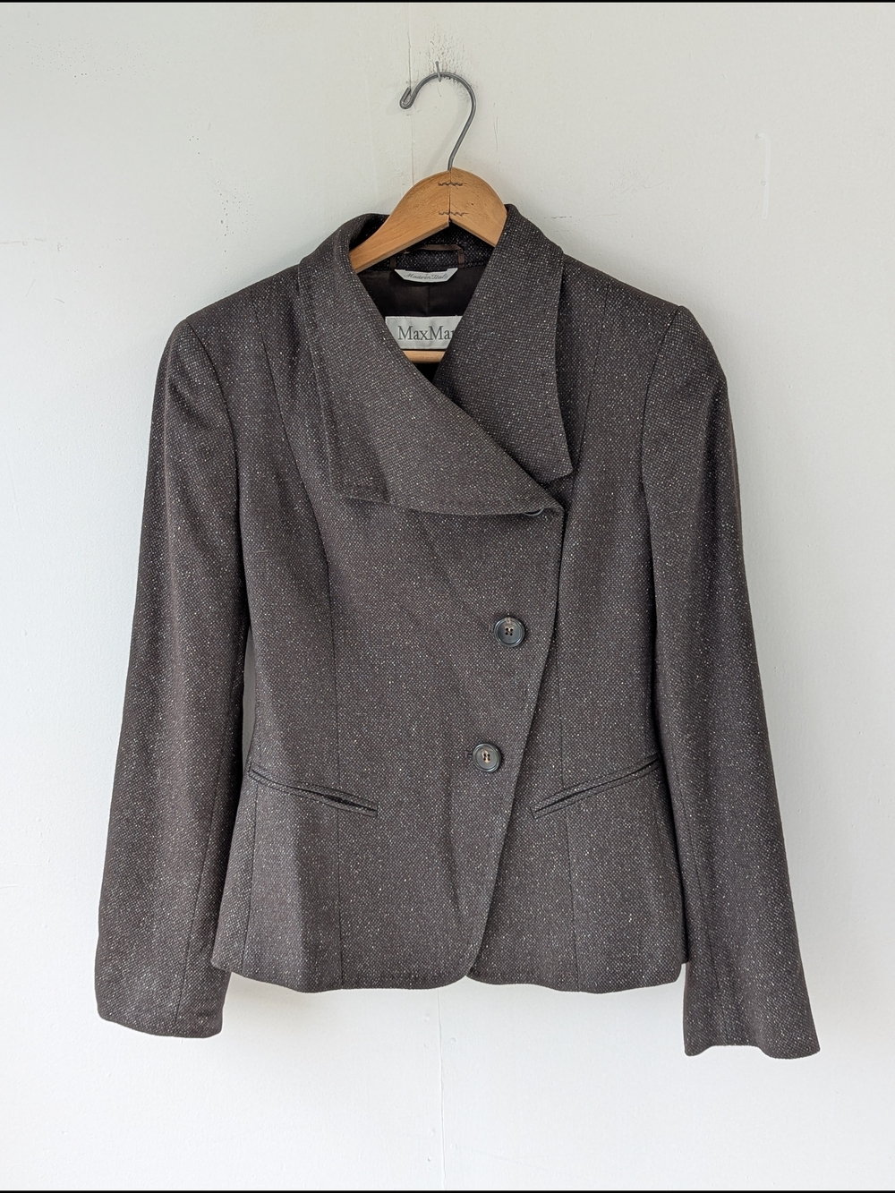 MaxMara Women's Brown Silk Angora Asymmetric Three-Button Blazer Size 2